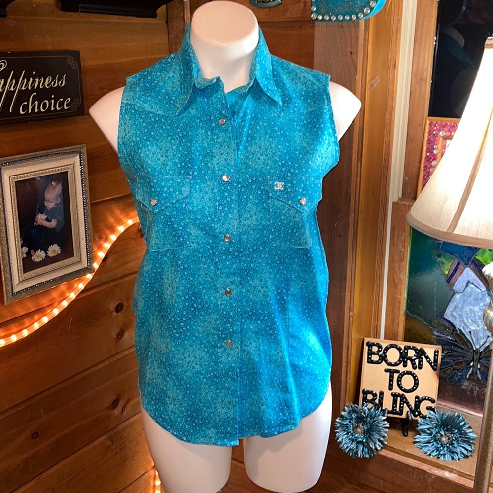 Gorgeous WESTERN turquoise sleeveless pearl button down top shirt NEW
